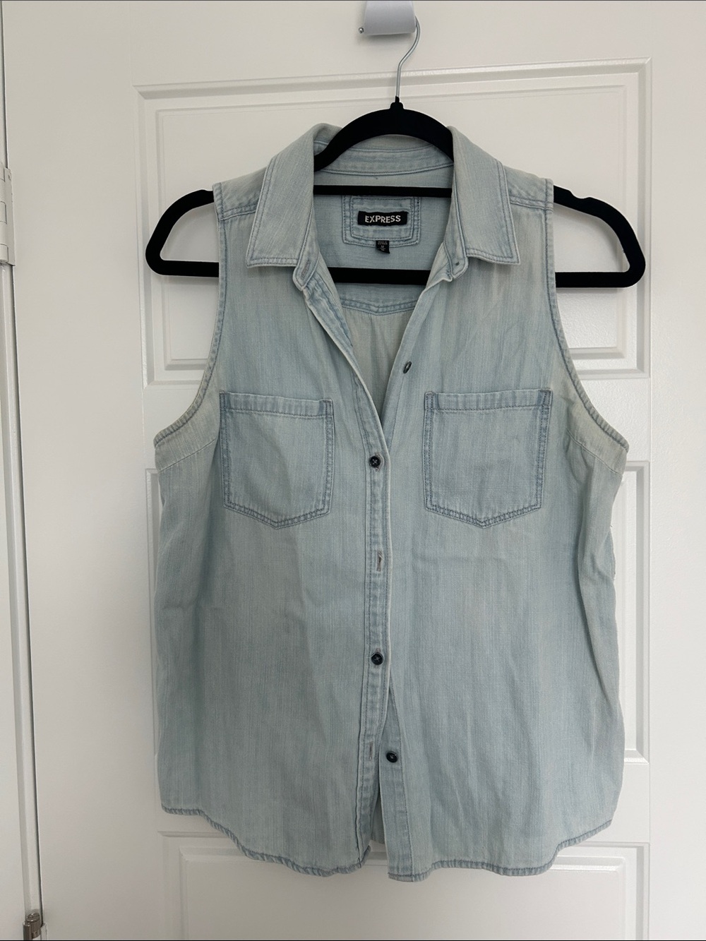 Express Light Wash Denim Sleeveless Button-Front Shirt